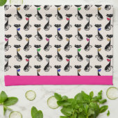 Groovy黒猫ピンク縁ど キッチンタオル (折り畳み)