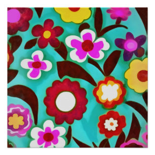 Groovy カラフル70年代のフローラ抽象芸術 ポスター