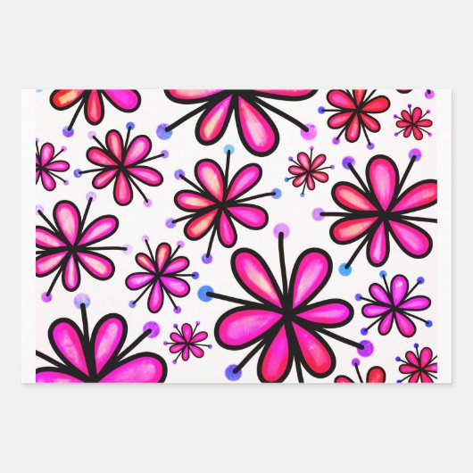 Groovy カラフル 70のドードルの花の模様 ラッピングペーパーシート (正面3)