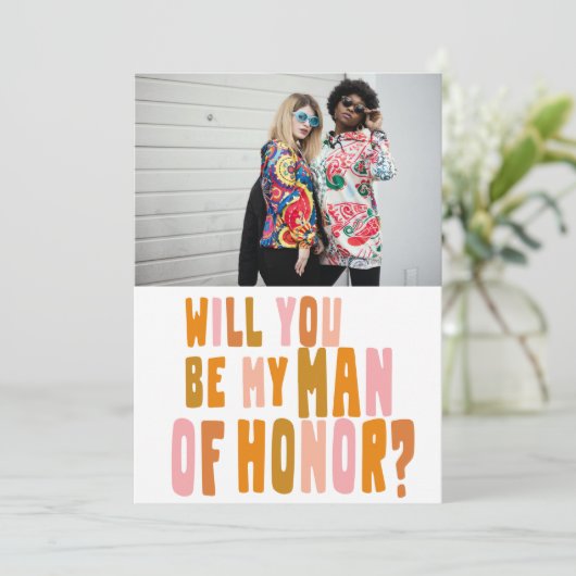 Groovy カラフル Man of Honor Photo Proposal Card 招待状 (スタンド正面)