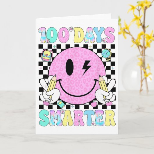 Groovy 100 Days Smarter Retro 100th Day Of School  カード (黄色い花)