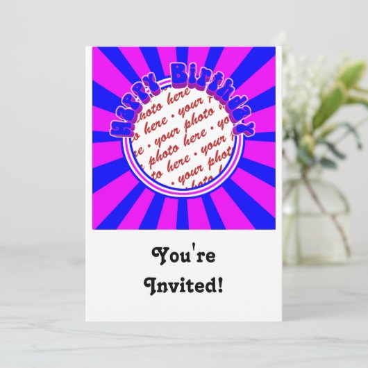 Groovy 1970のレトロ誕生日フォトフレーム 招待状 (スタンド正面)