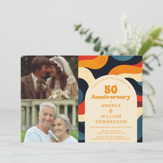 Groovy 1970s Then & Nowの結婚アニバーサリーフォト 招待状 (スタンド正面)