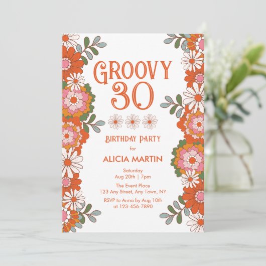 Groovy 30クラシック誕生日ヒッパイフローラリーフ 招待状 (スタンド正面)