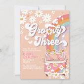 Groovy 3rdピンクデイジーレインボーヒッピー誕生日 招待状 (正面)