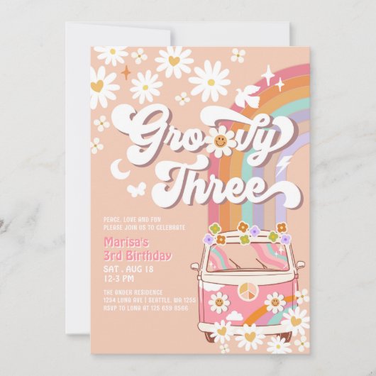 Groovy 3rdピンクデイジーレインボーヒッピー誕生日 招待状 (正面)