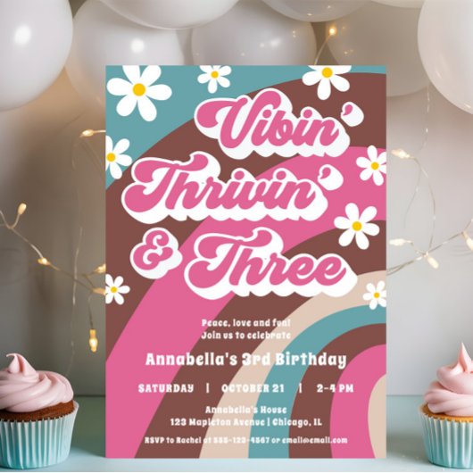 Groovy 3th誕生日ヴィビン' Thrivin' THREE retro 招待状