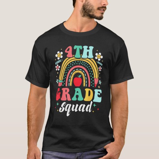 Groovy 4th Grade Squad Rainbow Teacher Kid Back To Tシャツ (正面)