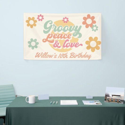 Groovy 60の70の花の誕生日パーティー任意の年齢 横断幕 (トレードショー)