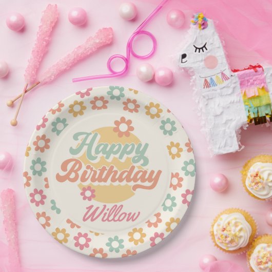 Groovy 60の70の花の誕生日パーティー、任意の年齢 ペーパープレート (パーティー)