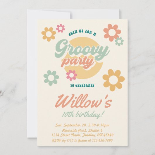 Groovy 60の70の花の誕生日パーティー、任意の年齢 招待状 (正面)