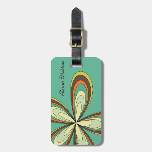 Groovy 60s 70sヒッパイフラワーターコイズデイジー名 ラゲッジタグ (正面縦)
