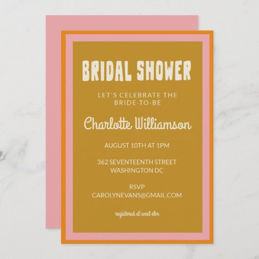 Groovy 60s 70sピンクカラフルマスタードブライダルシャワー 招待状 (正面/裏面)