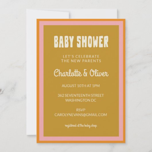 Groovy 60s 70sピンクマスタードカラフル赤ちゃんシャワー 招待状 (正面)