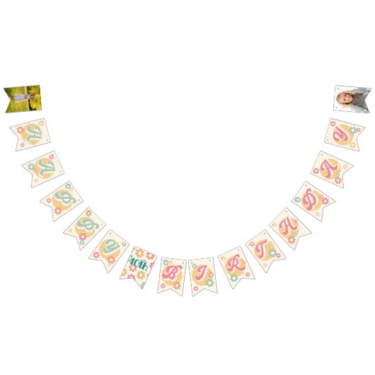 Groovy 60's 70's Flowersフォトハッピーバースデー バンティングフラッグ (全)