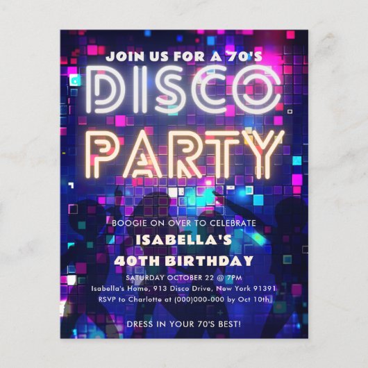 Groovy 70のディスコパーティー誕生日予算招待状 (正面)