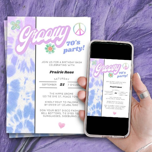 Groovy 70のパーティーパステル絞り染め誕生日 招待状