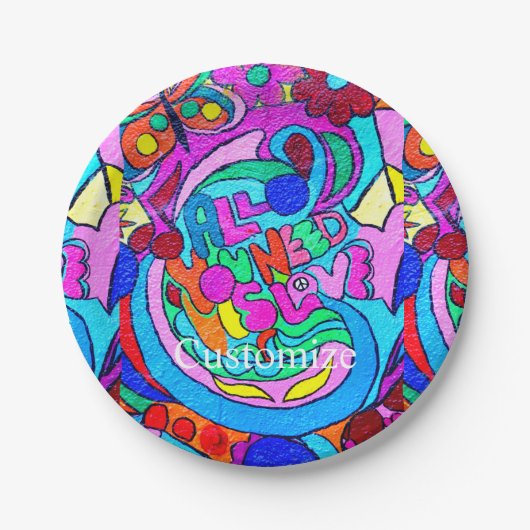 Groovy 70のヒッピー – スタイル愛の平和の花 ペーパープレート (正面)