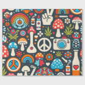 Groovy 70sのパタンとピースサインとキノコ ラッピングペーパー (フラット)