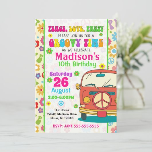 Groovy 70sをテーマにした誕生日招待状/ Hippie Van 招待状 (スタンド正面)