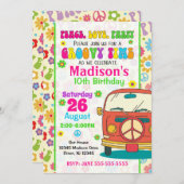 Groovy 70sをテーマにした誕生日招待状/ Hippie Van 招待状 (正面/裏面)