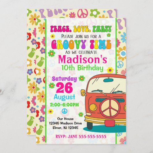 Groovy 70sをテーマにした誕生日招待状/ Hippie Van 招待状 (正面/裏面)