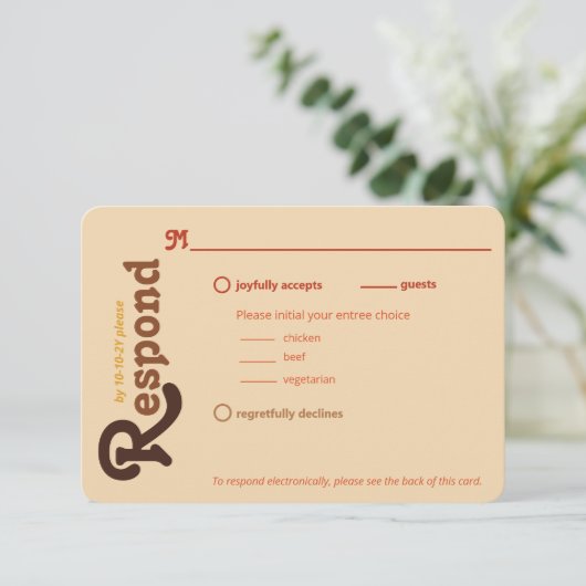 Groovy 70sオレンジ色ブラウン応答して結婚下さい 出欠カード (スタンド正面)