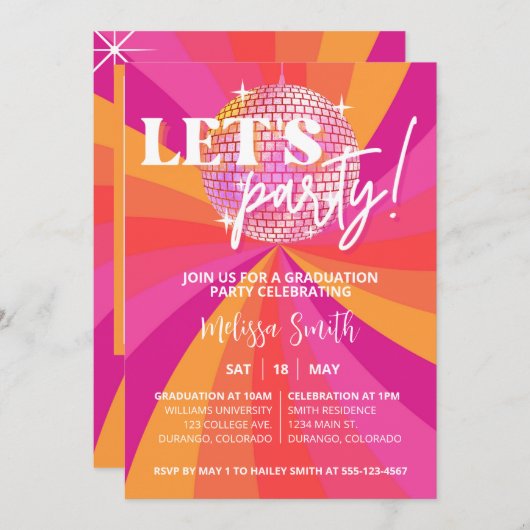 Groovy 70sディスコ卒業パーティー招待状サラ 招待状 (正面/裏面)