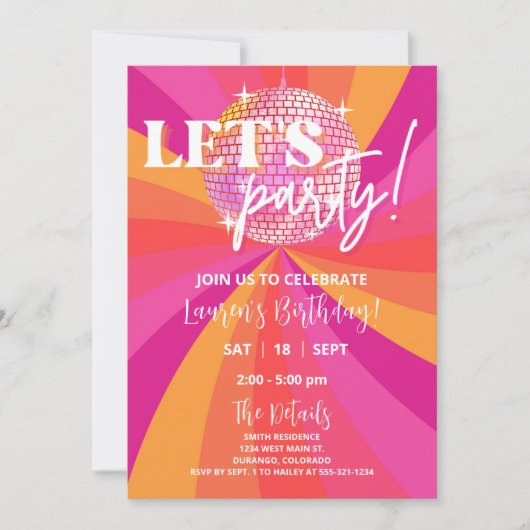 Groovy 70sディスコ誕生日パーティー招待状、サラ 招待状 (正面)