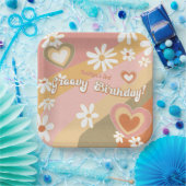 Groovy 70sデイジー花ハートレインボー誕生日 ペーパープレート (パーティー)