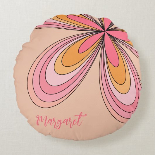 Groovy 70sヒッパイフラワーピーチファズデイジー名 ラウンドクッション (正面)