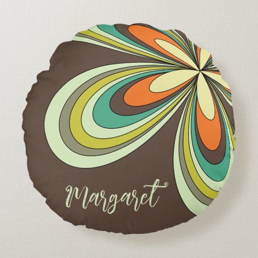 Groovy 70sヒッパイフラワーブラウンレトロデイジー名 ラウンドクッション (正面)