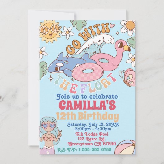 Groovy 70sプールパーティー誕生日招待状 招待状 (正面)