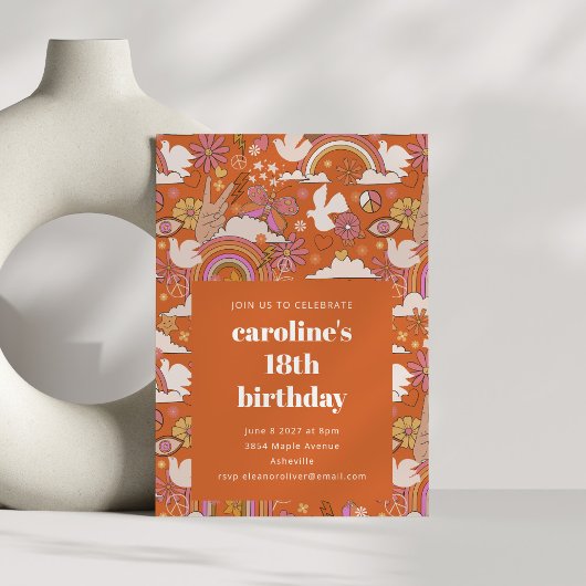 Groovy 70sレトロヒッパイピースオレンジ18誕生日 招待状