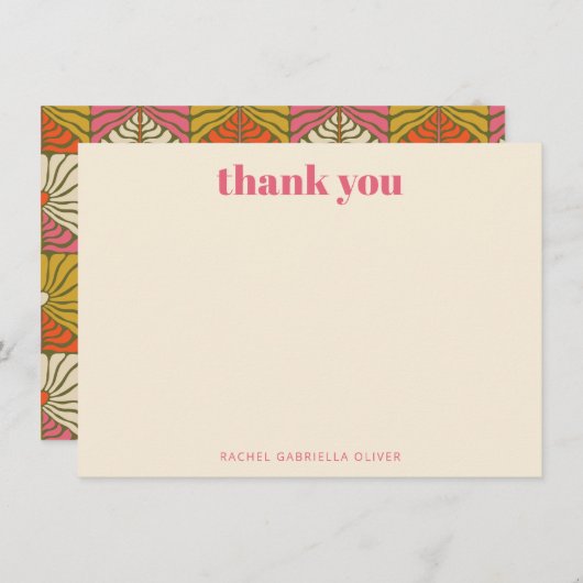 Groovy 70sヴィンテージピンクオレンジフローラ サンキューカード (正面/裏面)