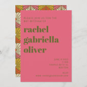 Groovy 70sヴィンテージピンクグリーンフローラバルミツワー 招待状 (正面/裏面)