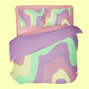Groovy 70s紫色の緑の抽象芸術の波線 掛け布団カバー