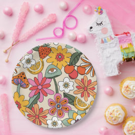 Groovy 70s、オレンジ、ピンク、グリーンフローラ ペーパープレート