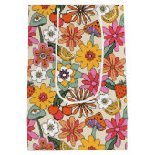 Groovy 70s、オレンジ、ピンク、グリーンフローラ ミディアムペーパーバッグ (裏面)