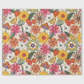 Groovy 70s、オレンジ、ピンク、グリーンフローラ ラッピングペーパー (フラット)