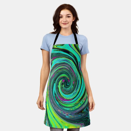 Groovy Abstract Retro Green and Magenta Swirl エプロン (着用した状態)