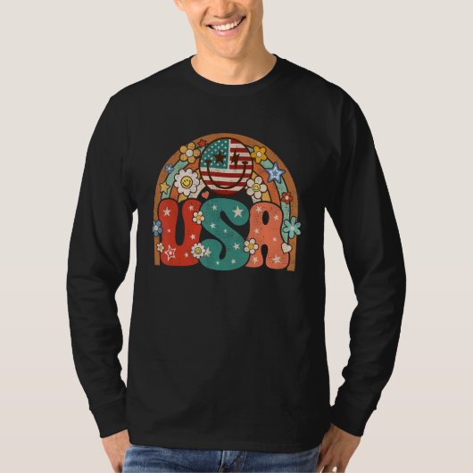 Groovy American Flag USA Retro Rainbow Smile Face  Tシャツ (正面)