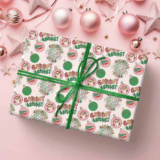 Groovy and Bright Pink and Green Retro Holiday ラッピングペーパー