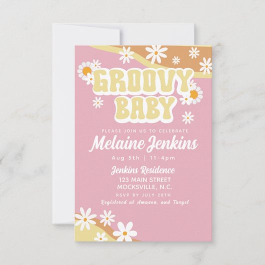 Groovy Baby Shower, Bohoレトロ, 70's Vibe 招待状 (正面)