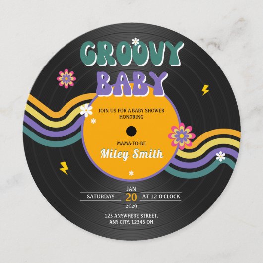 Groovy Baby Shower Vinylレコードヴィンテージ70s 80s 招待状 (正面)