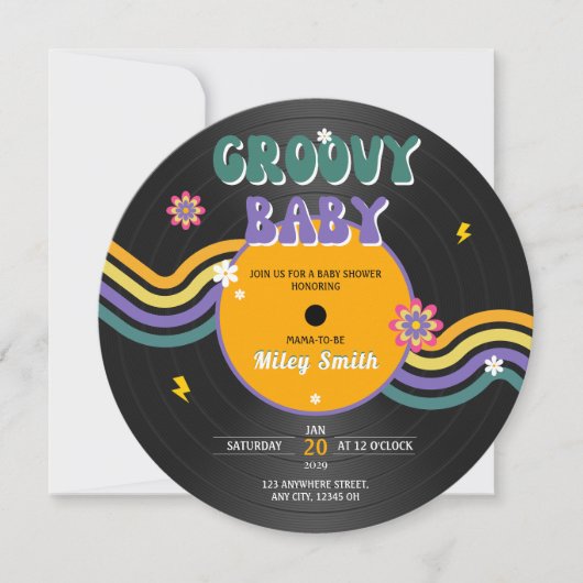 Groovy Baby Shower Vinylレコードヴィンテージ70s 80s 招待状 (正面)