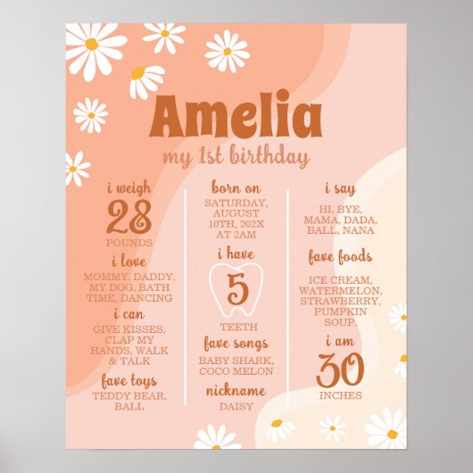 Groovy Bohoデイジー最初の誕生日マイルストーン記号 ポスター (正面)