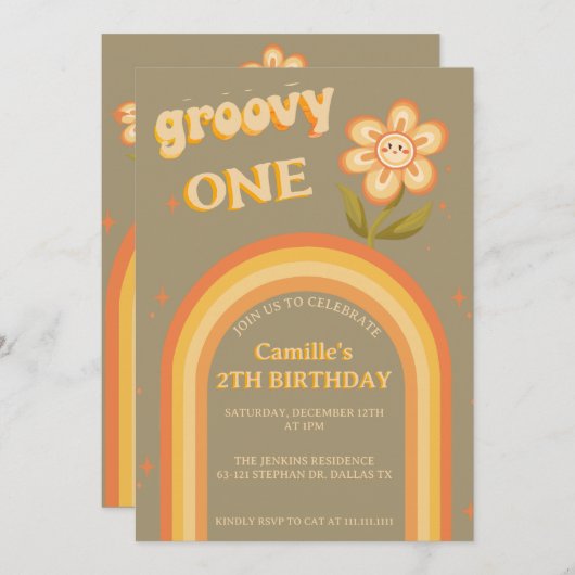 Groovy bohoデイジー虹の誕生日 招待状 (正面/裏面)