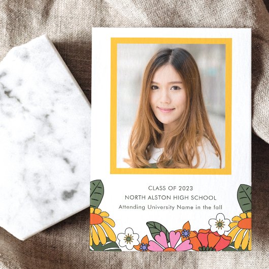 Groovy Bohoレトロフラワーフォト卒業パーティー 招待状