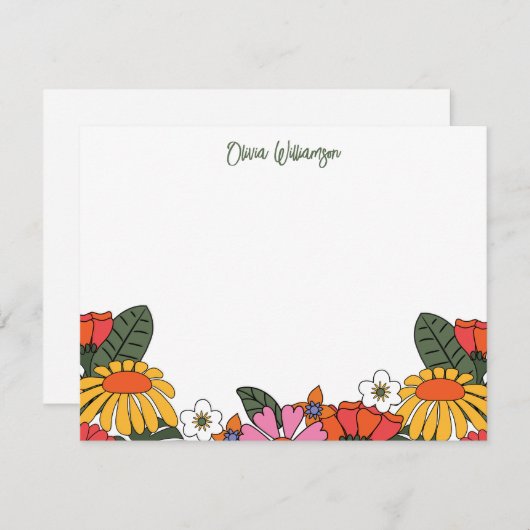 Groovy Bohoレトロ花文具パーソナライズされた具 ノートカード (正面/裏面)